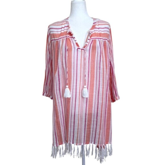 Roller Rabbit Womens Tunic Top Pink Striped Cotton Cover-Up Tassel Fringe XL - Picture 1 of 8